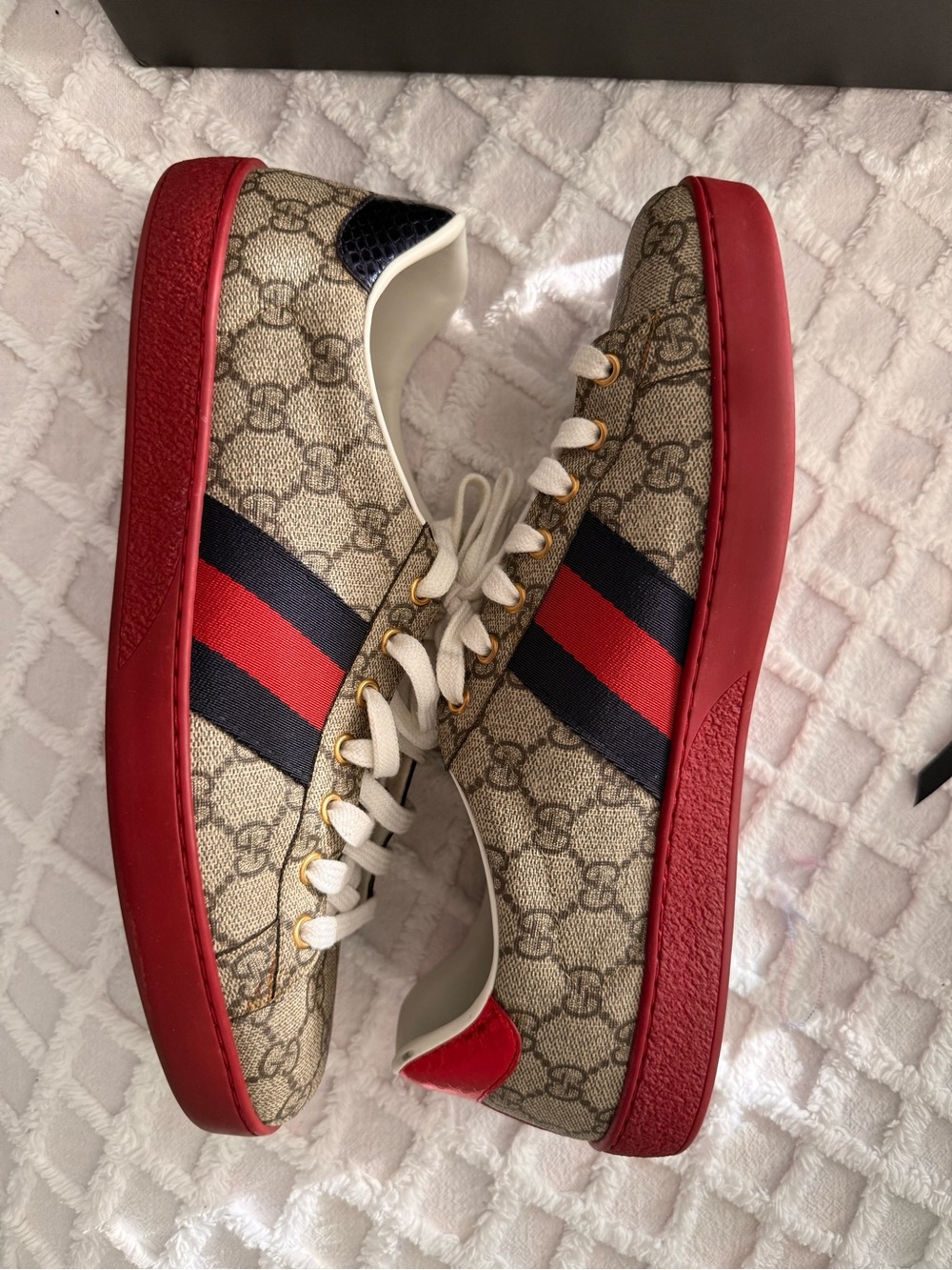 Gucci Beige GG Canvas Sneakers with Red Sole and Navy-Red Web